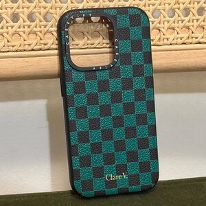 Clare V Green & Black Checkered Leather Phone Case for iPhone 15 Pro
